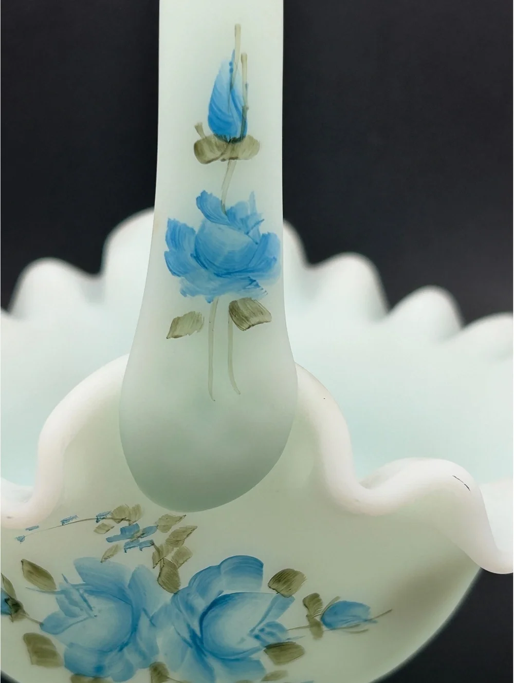 Fenton Light Blue Satin Ruffled Hand Painted Basket